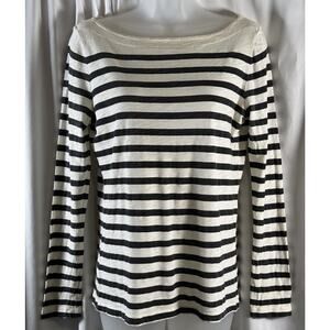 Ann Taylor LOFT Boatneck Long Sleeves Striped T-Shirt, Black/Ivory, Sz: M, 73-26
